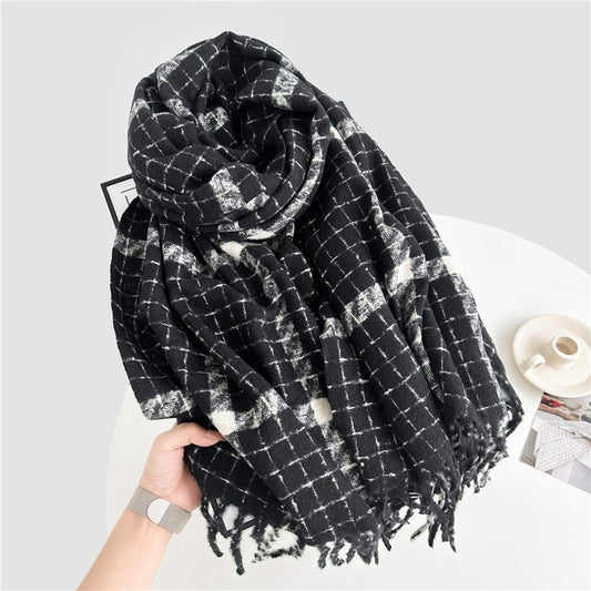 Color Block Plaid Fringe Scarf