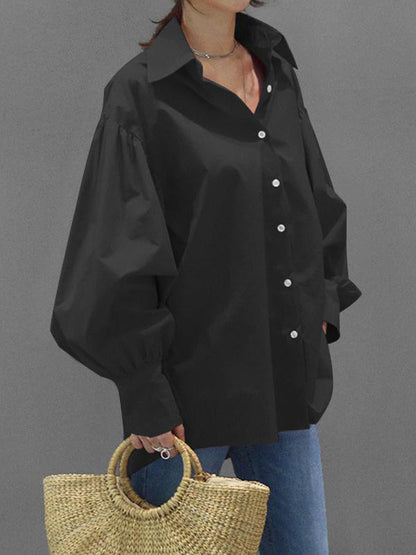 Long Sleeves Loose Buttoned Pleated Solid Color Lapel Blouses&Shirts Tops