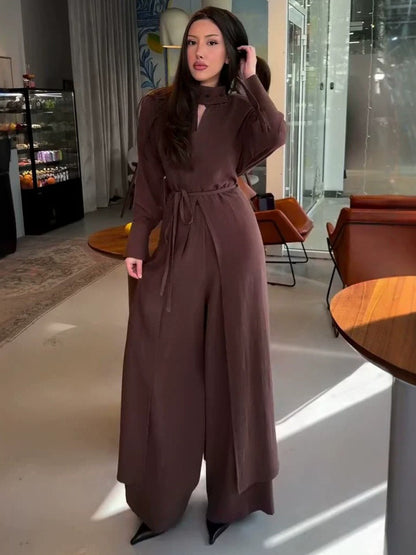Imogen Long-Sleeve Tie-Front Top and High-Waisted Wide-Leg Pants Set