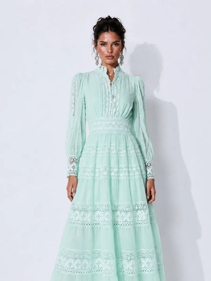 Camilla Lace-Panel Lantern-Sleeve Maxi Dress