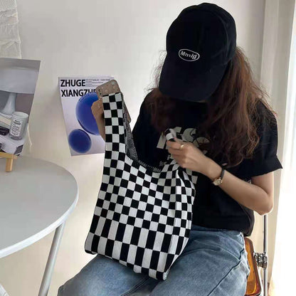 Crochet Tote Bag Checkerboard Knit Bag