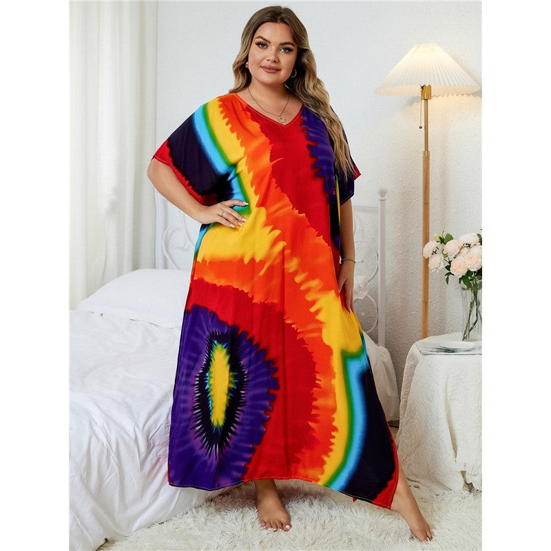 Contrast Color Printing V-Neck Short Sleeve Casual Loose Long Beach Dress Bikini Cover-Up