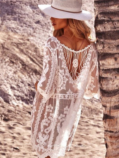 Loose Fit Monochrome Holiday Sunscreen Sexy Lace Bikini Swimsuit Cover Up Beach Pullover Dress