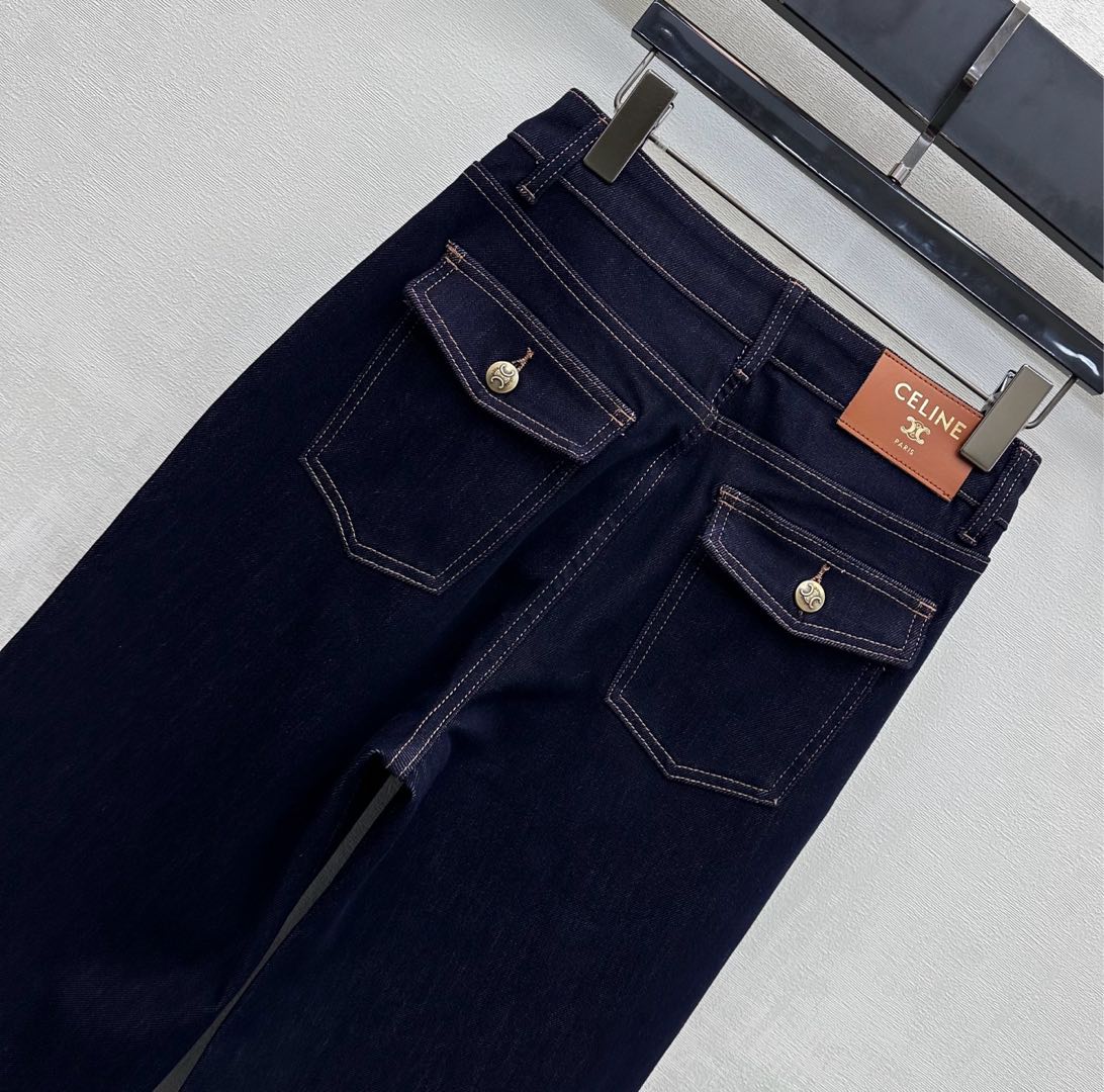 Celine Logo Straight-Leg Jeans Dark Blue Polyester Cotton 351743