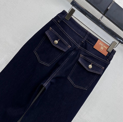 Celine Logo Straight-Leg Jeans Dark Blue Polyester Cotton 351743