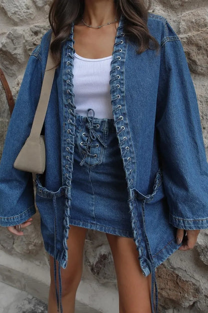 Maren Lace Up Denim Two Piece In Blue
