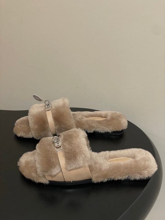 Hermes Giulia Kelly Buckle H-Slippers Beige in Wool 594327