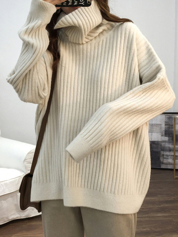 Casual Long Sleeves Loose Solid Color High-Neck Sweater Tops