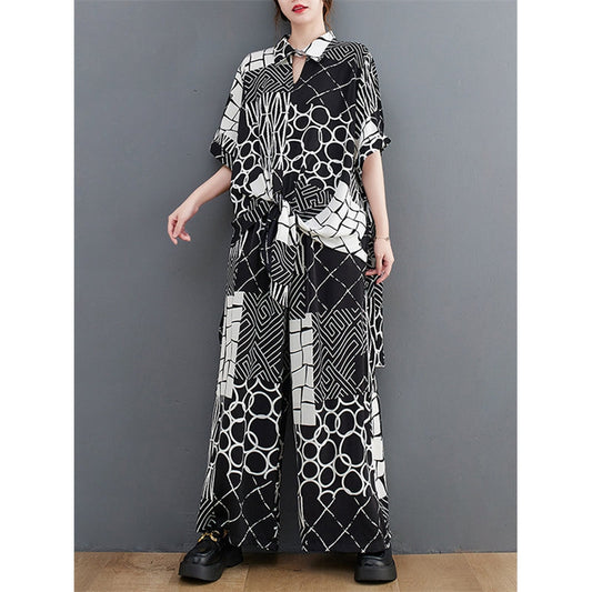 Original Loose Contrast Color Plaid Polka-Dot Blouse&Wide Legs Pants Two Pieces Set