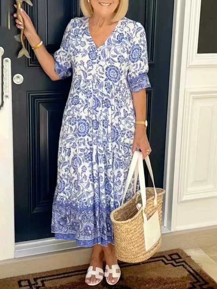 V-Neck Floral Dress, Seaside Resort Beach Dress, Loose And Versatile Long Dress