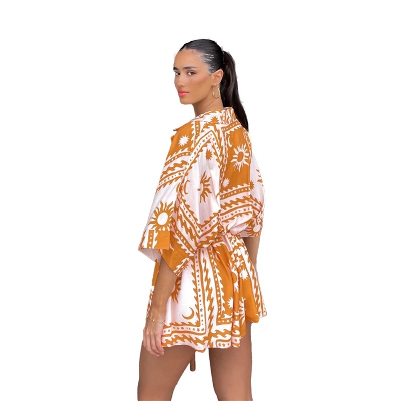 Geometric Print Romper With Waist Tie