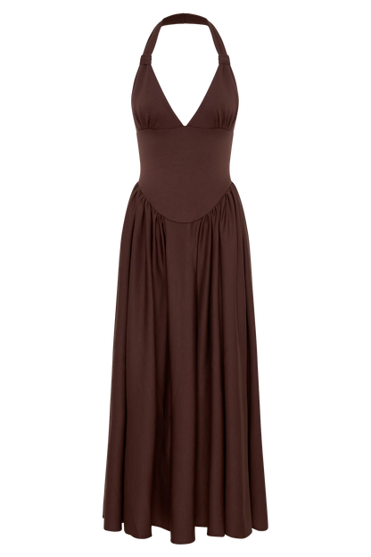 Angelina Scuba Halter Midi Dress - Chocolate