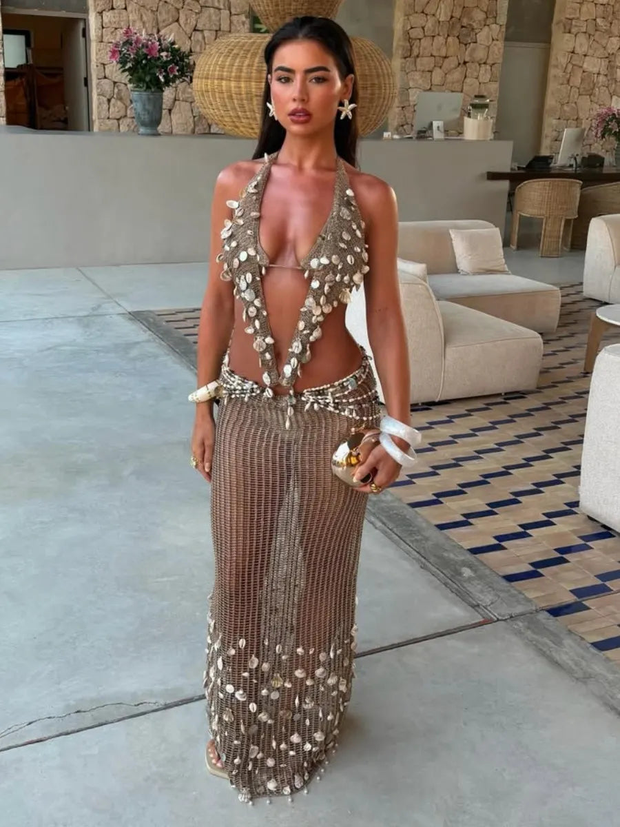 Kylie Shell-Embellished Halter Crochet Maxi Dresses