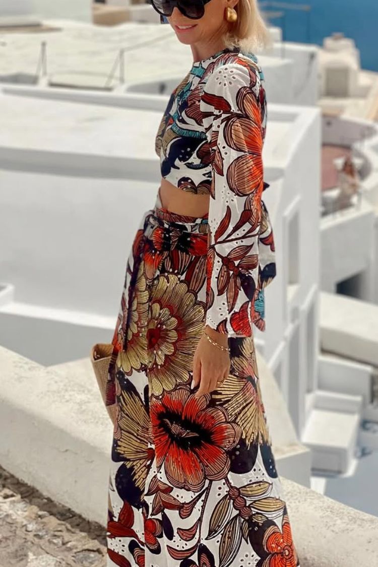 Vacay Mode Hollow Lace Unique Print Bell Sleeve Crop Top and Tie-up Maxi Skirt Set