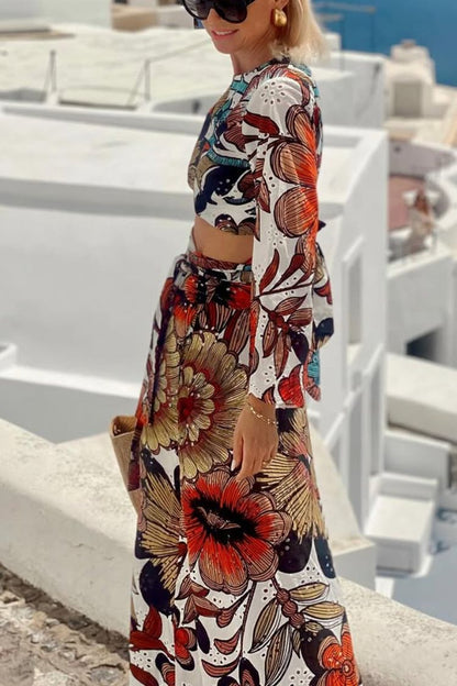 Vacay Mode Hollow Lace Unique Print Bell Sleeve Crop Top and Tie-up Maxi Skirt Set