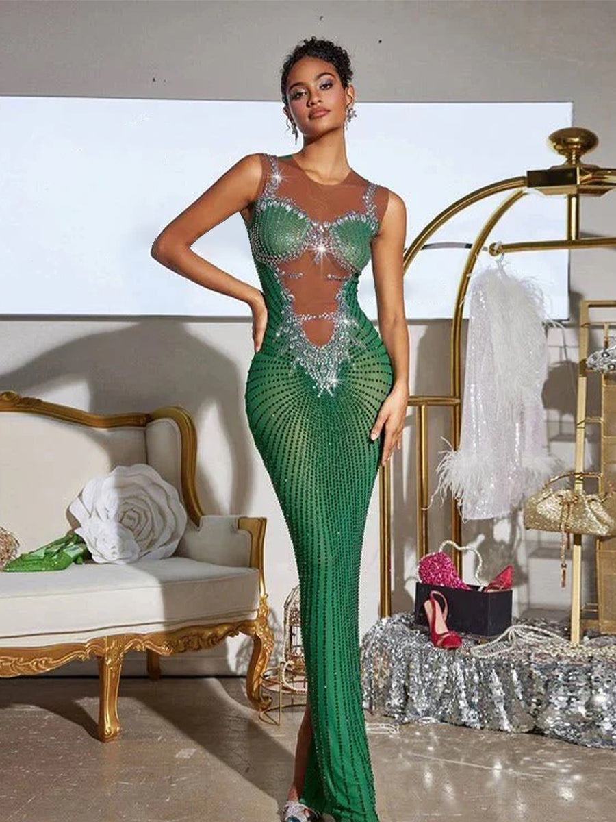Brody Printed Rhinestone Split Maxi Dress In Green