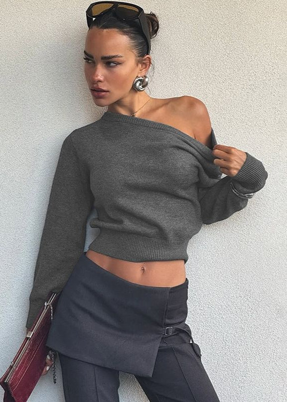 Off Shoulder Cropped Knit Sweater Soft Fabric