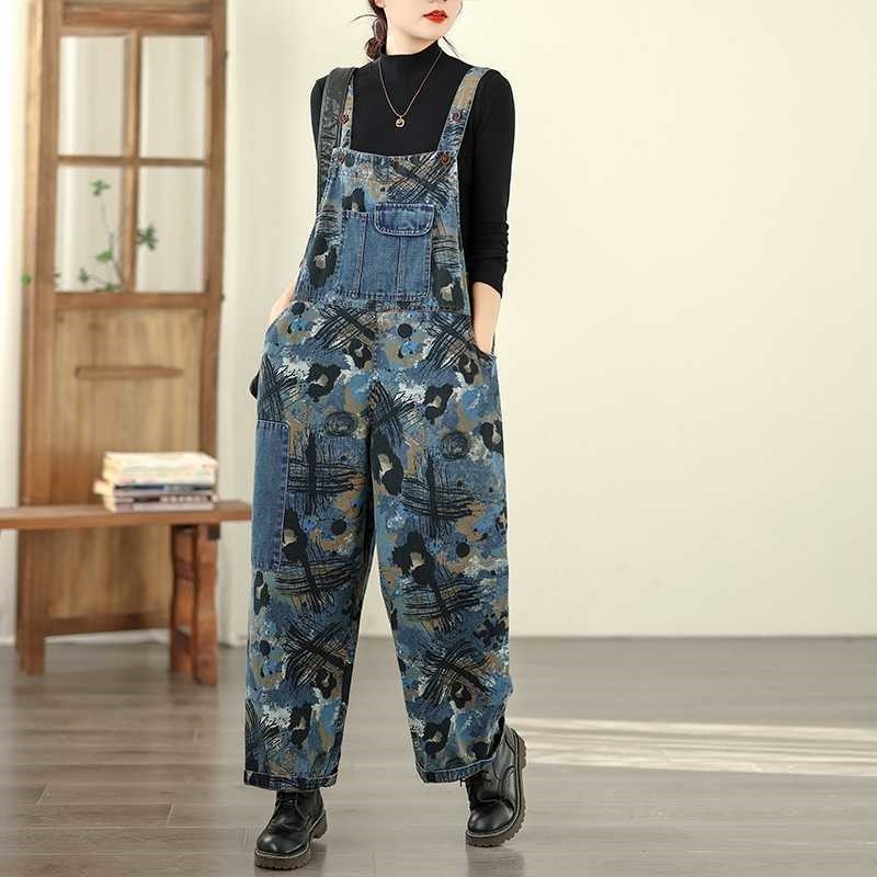 Loose Print Denim Overalls