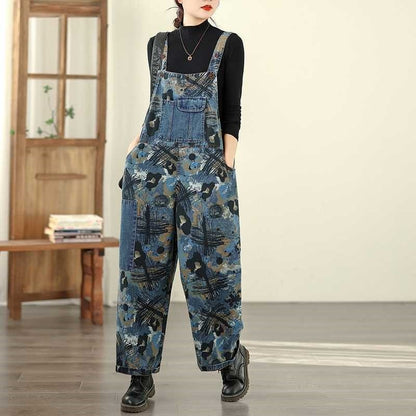 Loose Print Denim Overalls