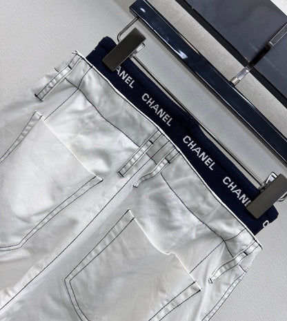 CC Drawstring Webbing Trousers White Cotton Tencel 350186