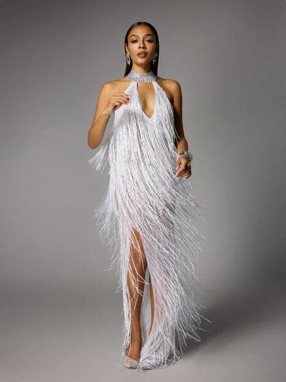 Elvrik Halterneck Fringe Cutout Split Maxi Dress