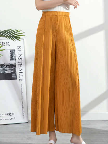 Simple Loose Wide Leg Pleated Solid Color Casual Pants Bottoms
