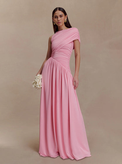 Lila One-Shoulder Ruched Chiffon Maxi Dress
