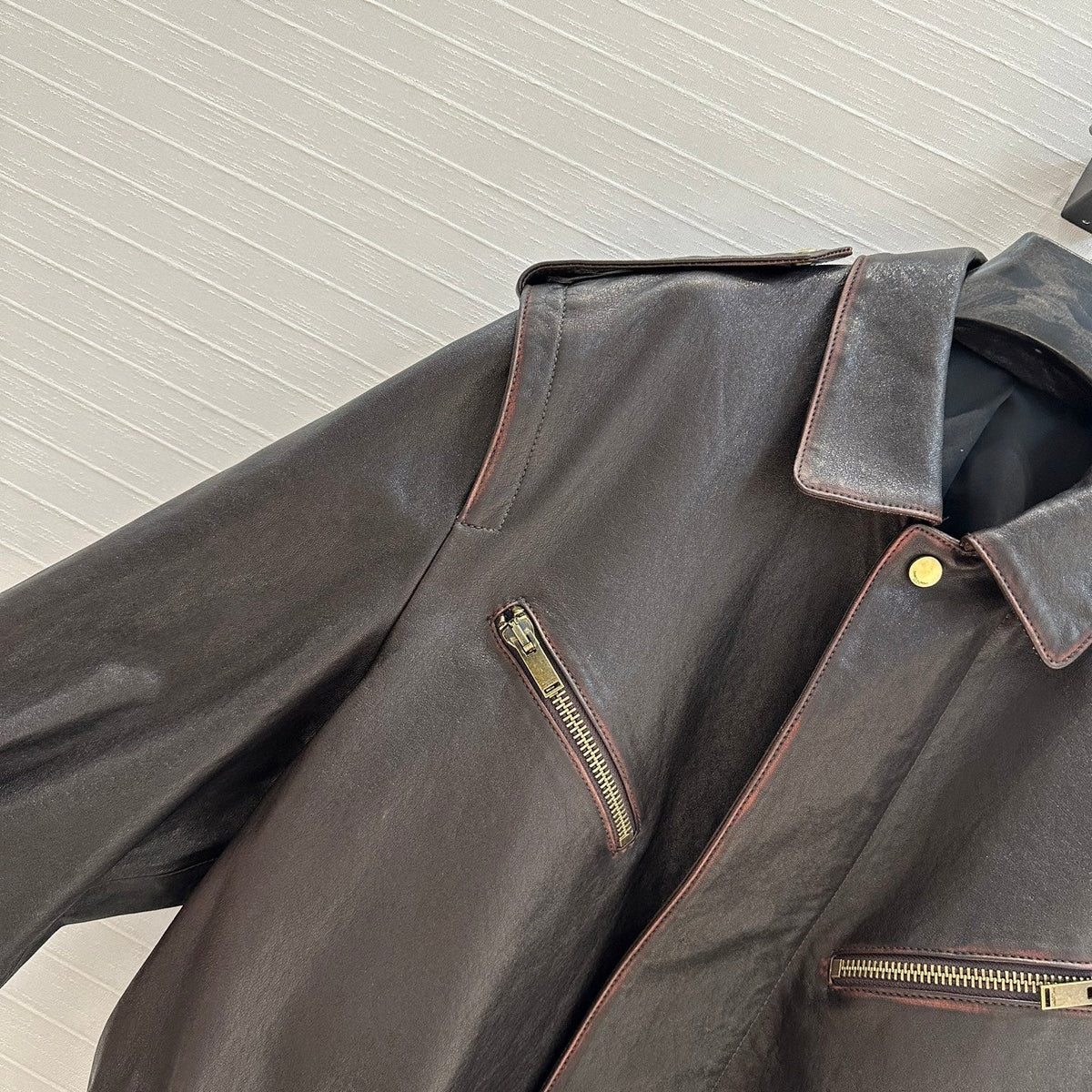 YSL Right-angle Shoulder Silhouette Jacket Black Brown Lambskin