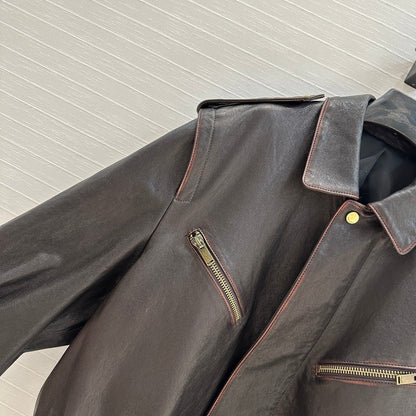 YSL Right-angle Shoulder Silhouette Jacket Black Brown Lambskin