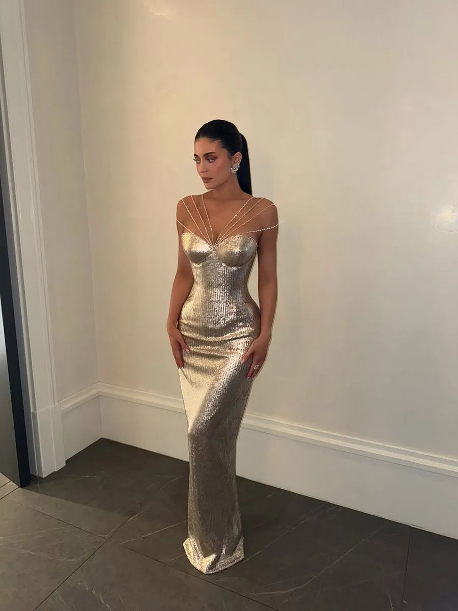Brinley Sequined Maxi Dress In Silver