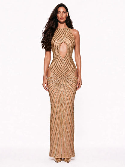 Saskia Rhinestone Embellished Form Fitting Cutout Maxi Dress