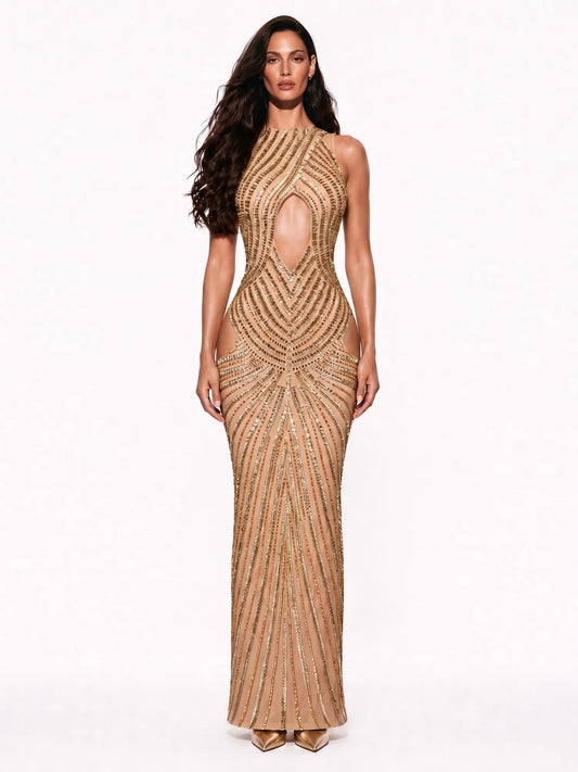 Saskia Rhinestone Embellished Form Fitting Cutout Maxi Dress
