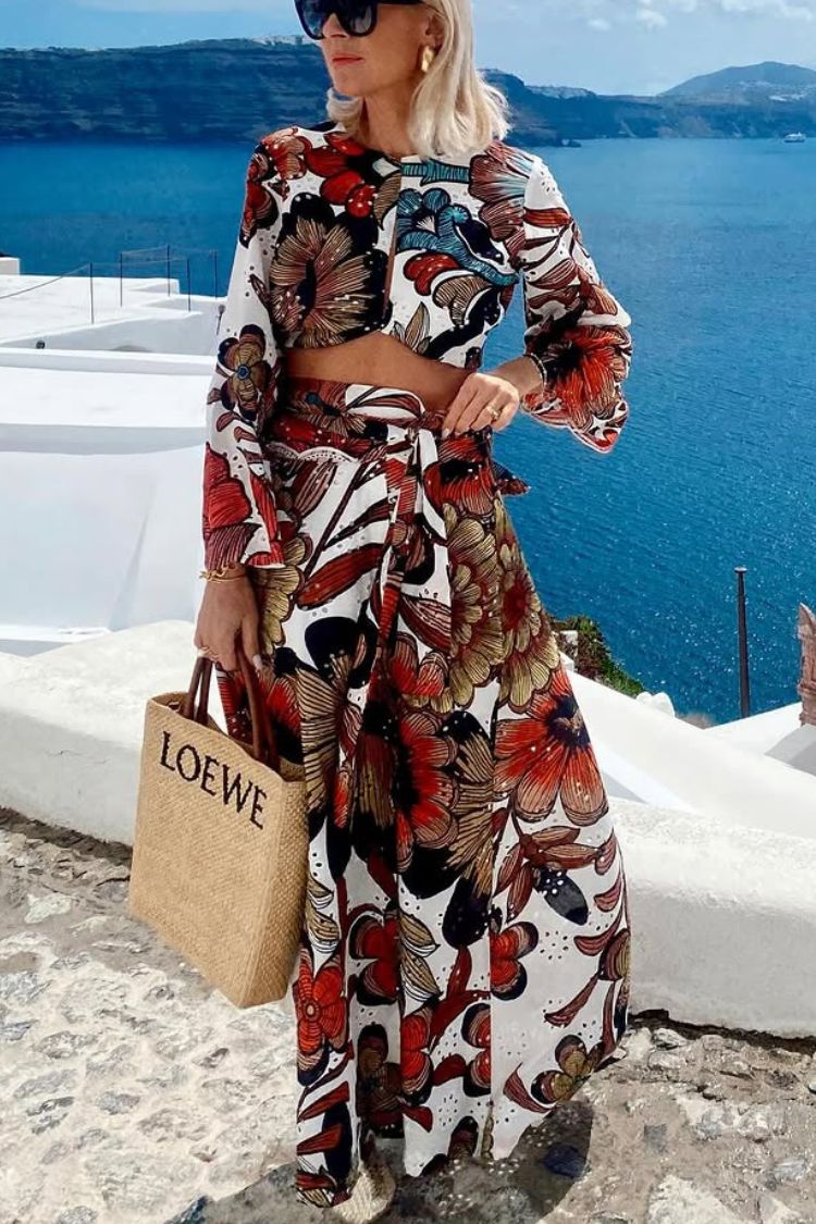 Vacay Mode Hollow Lace Unique Print Bell Sleeve Crop Top and Tie-up Maxi Skirt Set