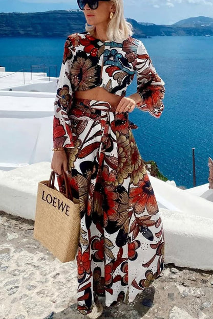 Vacay Mode Hollow Lace Unique Print Bell Sleeve Crop Top and Tie-up Maxi Skirt Set