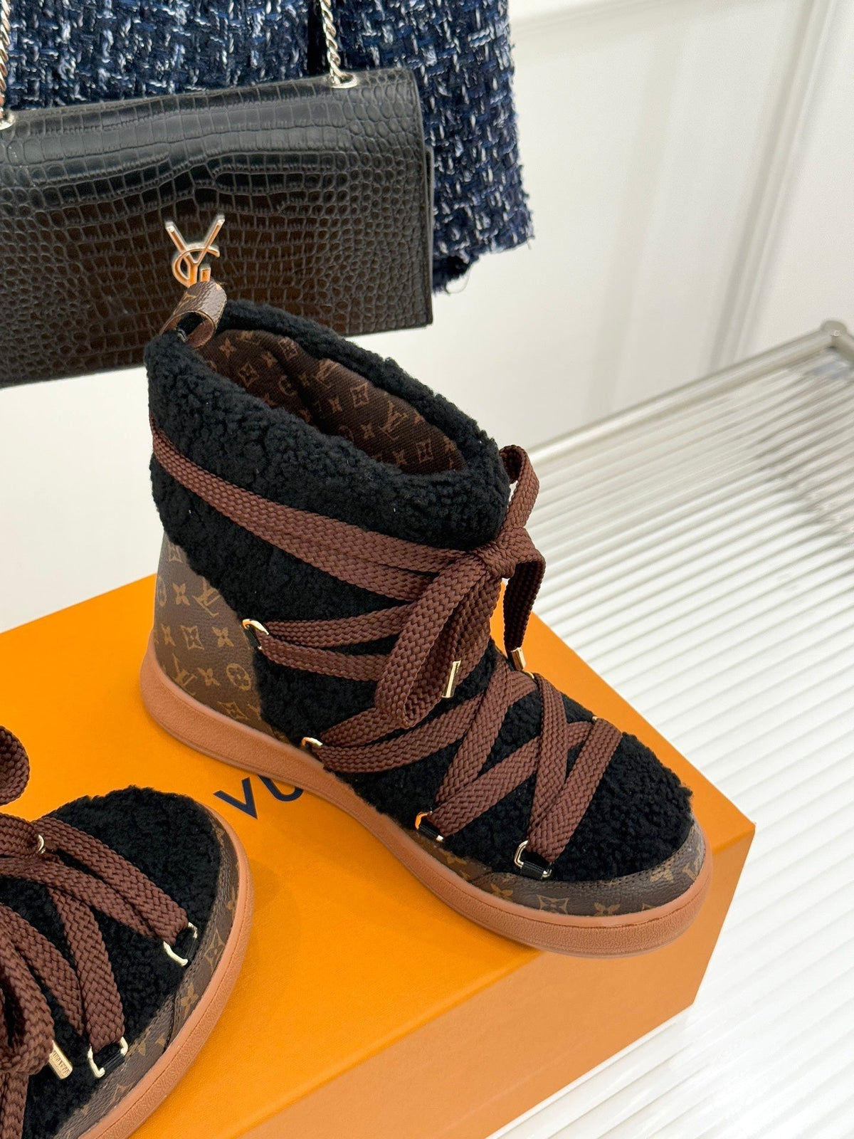 LV Cloud Lace-Up Ankle Boot Sneaker Black- Brown Shearling Monogram Canvas 572467