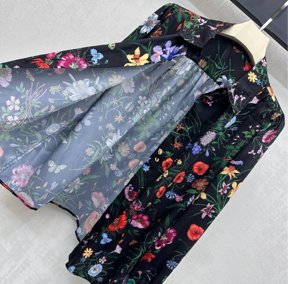 GG SS26 Flora Printed Collared Shirt Black Multicolor Silk 351779