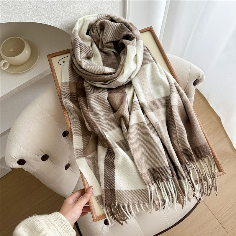 Color Block Plaid Fringe Scarf