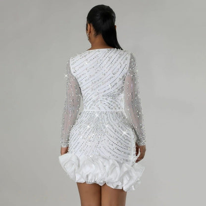 Sexy Rhinestone Beaded Bodycon Dress Long Sleeve