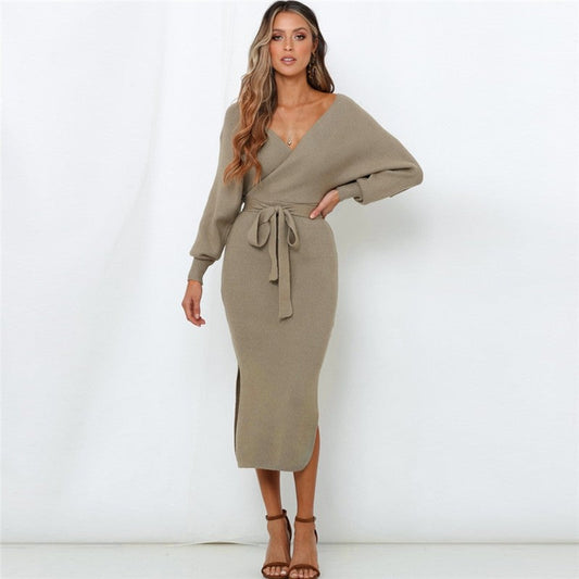 Knitted Slim Fit Lace Up V-Neck Balloon Sleeve Dress