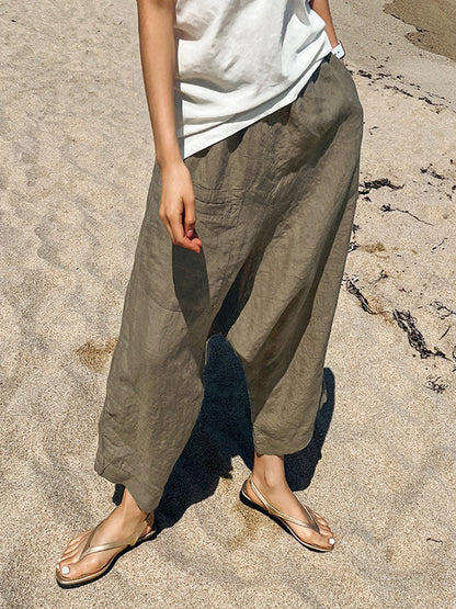 Loose Ninth Pants Elasticity Solid Color Casual Pants Bottoms