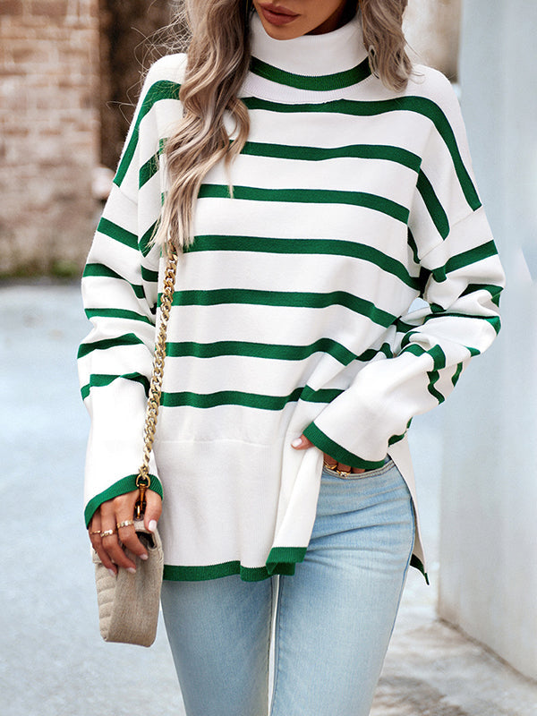 Loose Wrap Contrast Color Split-Side Striped High-Neck Sweater Tops