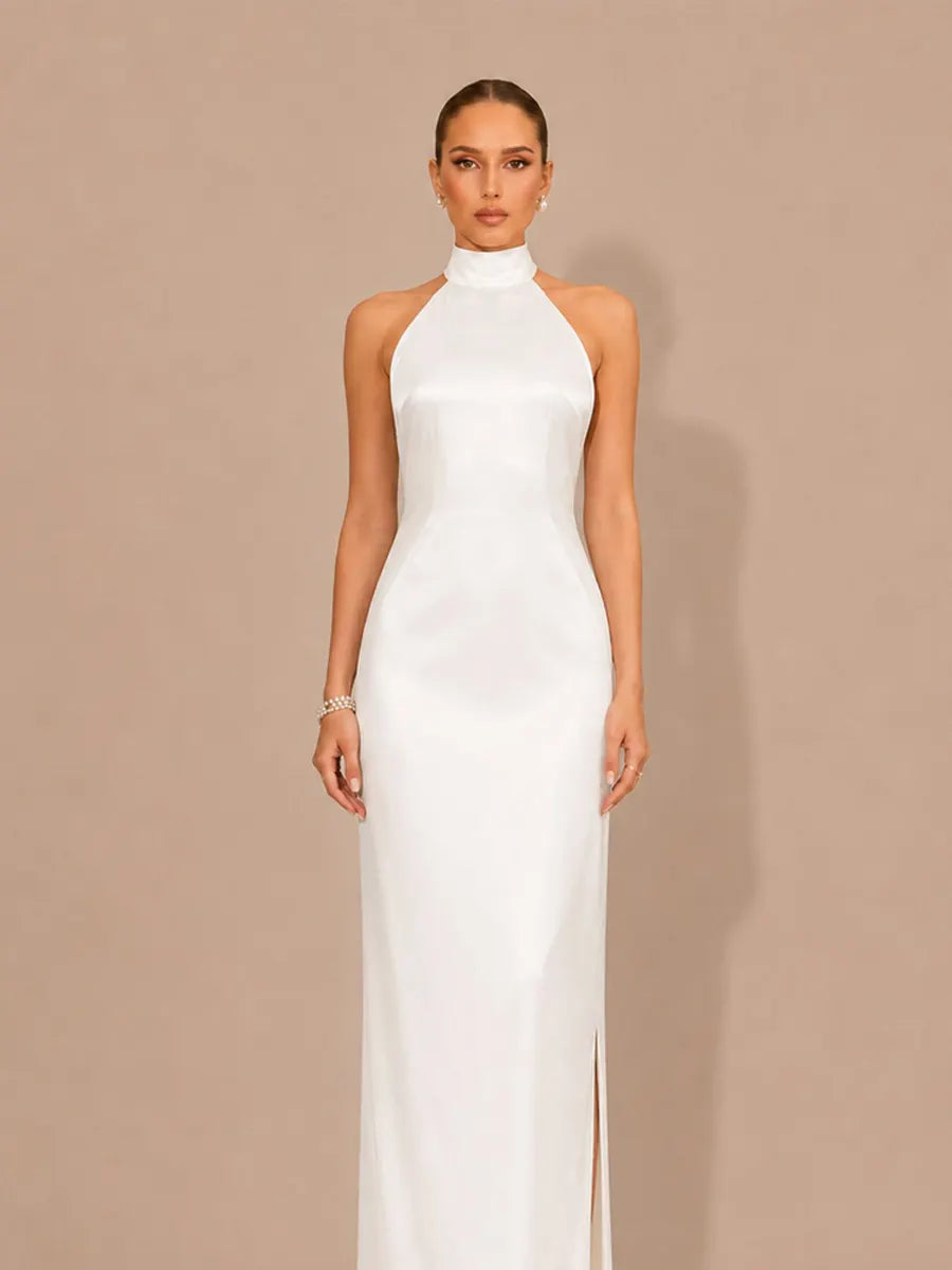 Selene Halter-Neck Beaded-Back Maxi Dress