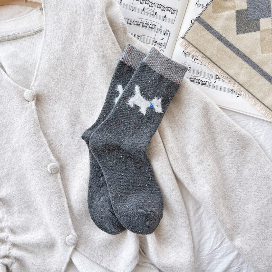Rufia - Gray and White Dog Pattern Thick Warm Socks