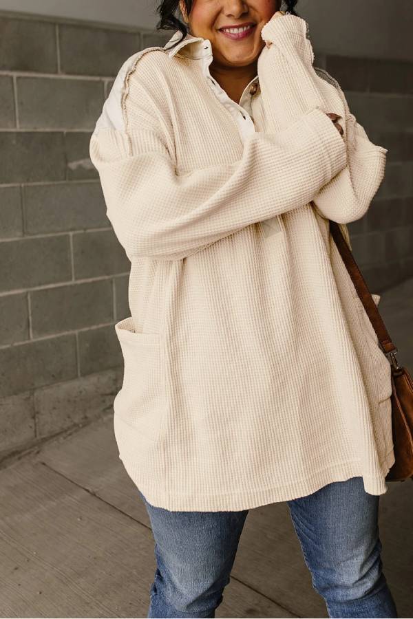Smoke Green Waffle Patchwork Drop Sleeve Henley Top