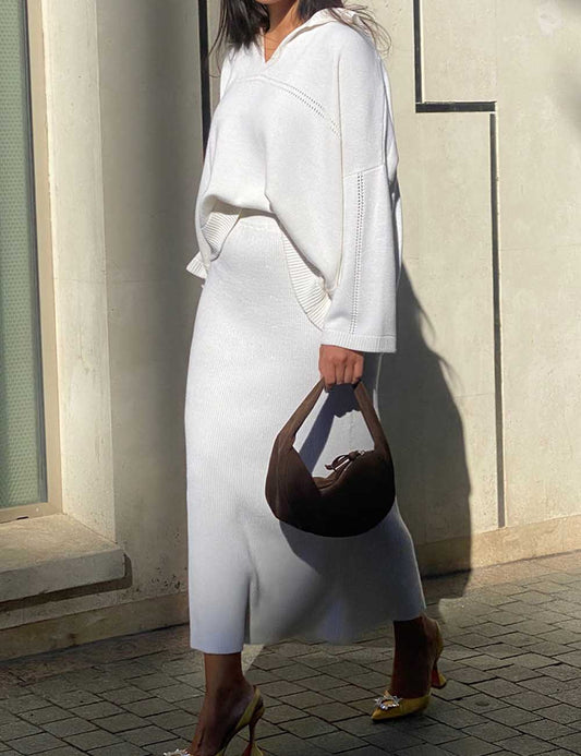 2 Pcs Trendy Knit V-Neck Sweater Maxi Skirt Set