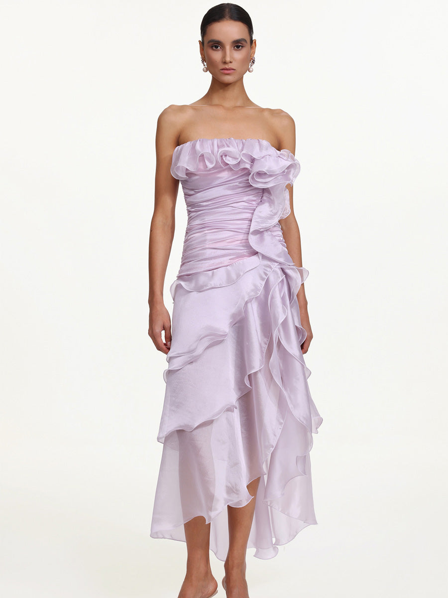 Ivy Flowy Strapless Asymmetric Ruffle High Slit Maxi Dress