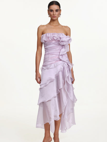 Ivy Flowy Strapless Asymmetric Ruffle High Slit Maxi Dress