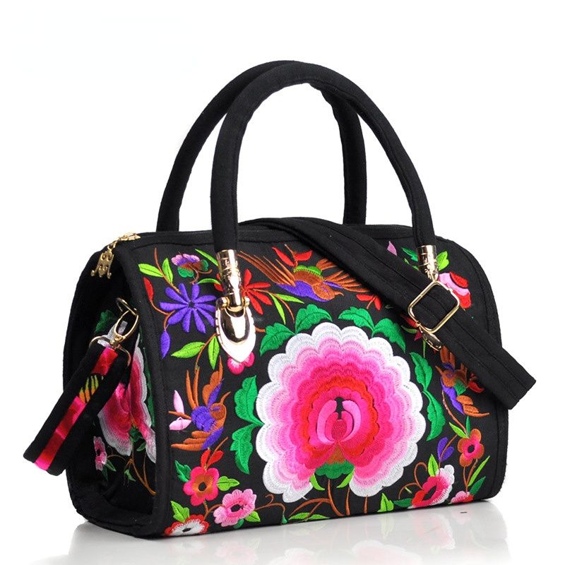 Ethnic Style Embroidered Portable Cross-Body Drum Bag Canvas Embroidered Cloth Bag Travel One-Shoulder Portable Women'S Bag