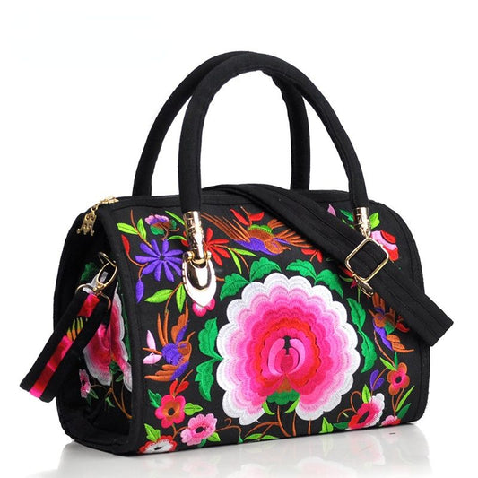 Ethnic Style Embroidered Portable Cross-Body Drum Bag Canvas Embroidered Cloth Bag Travel One-Shoulder Portable Women'S Bag