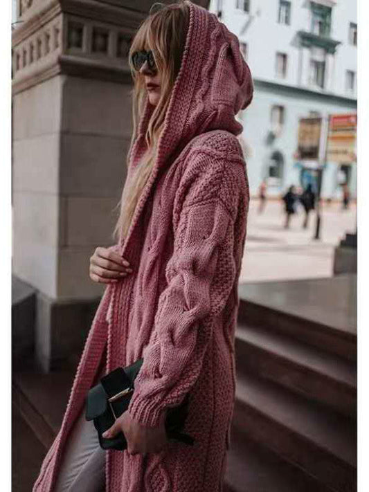 Autumn/Winter Solid-Colored Hooded Long Cardigan Sweater Hemp Sweater